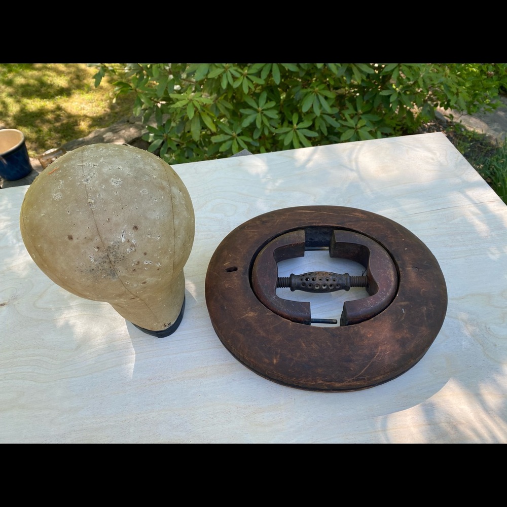 Antique Wood Hat Form, Stretcher And Canvas Head